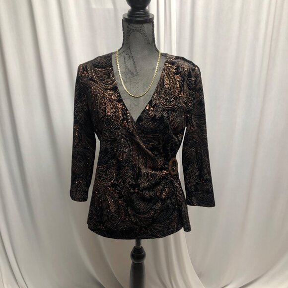 Notations Sparkly Velvet Wrap Top Womens Size Medium Black Copper Paisley V Neck - Picture 1 of 9